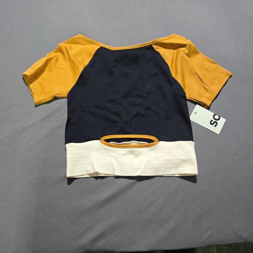 new Sporty Seamless Crop Top Women Small Multi Colorblock Ribbed Cutout